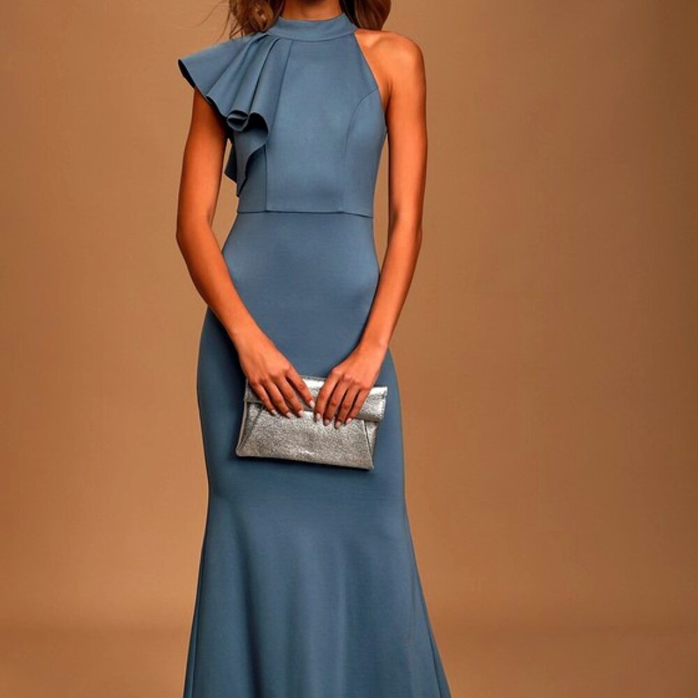 Lulus Margaux Slate Blue One-shoulder Maxi Dress - Size XS